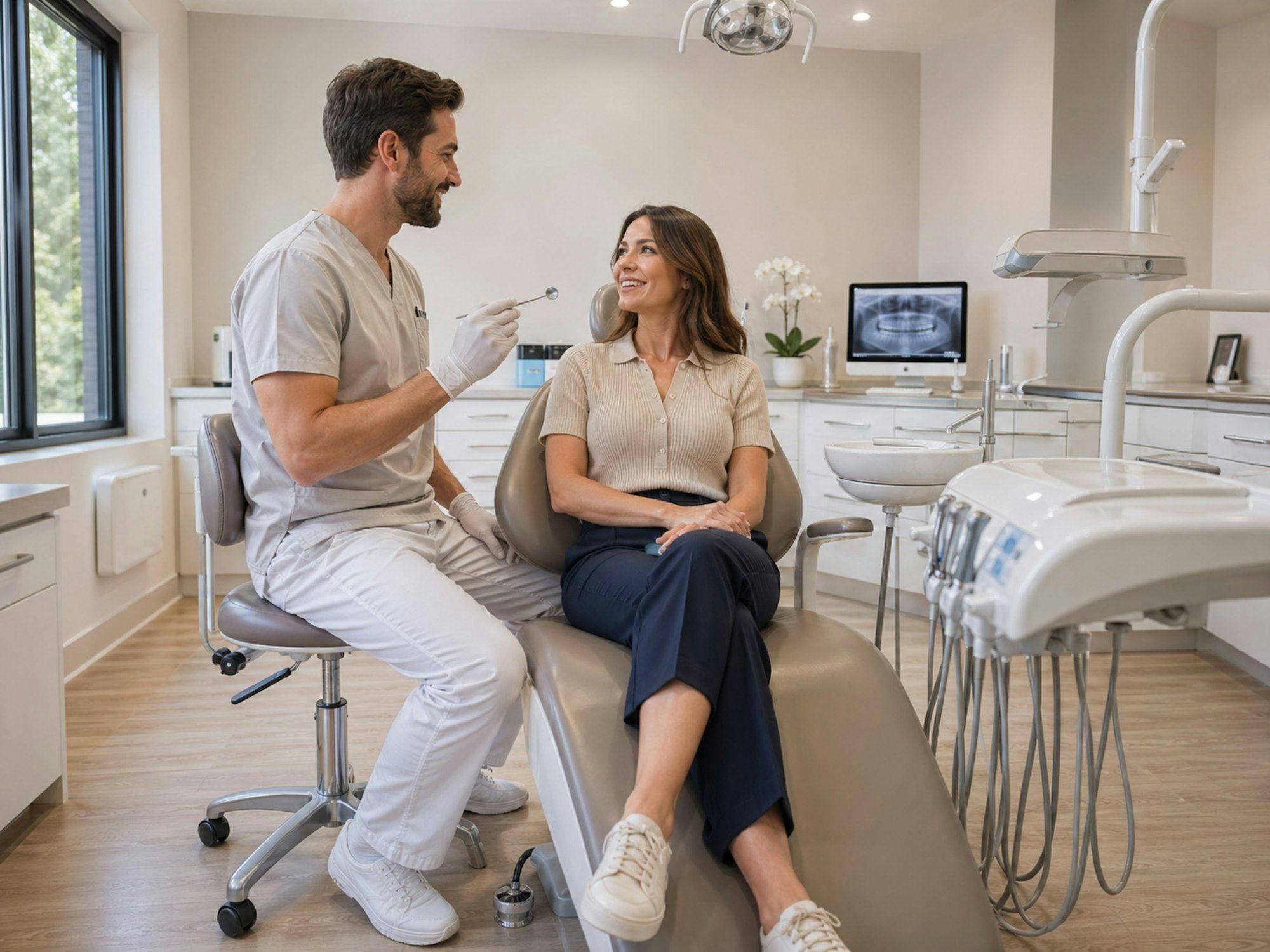 A dentist in grey scrubs talking with a smiling patient who sits in the dental chair
